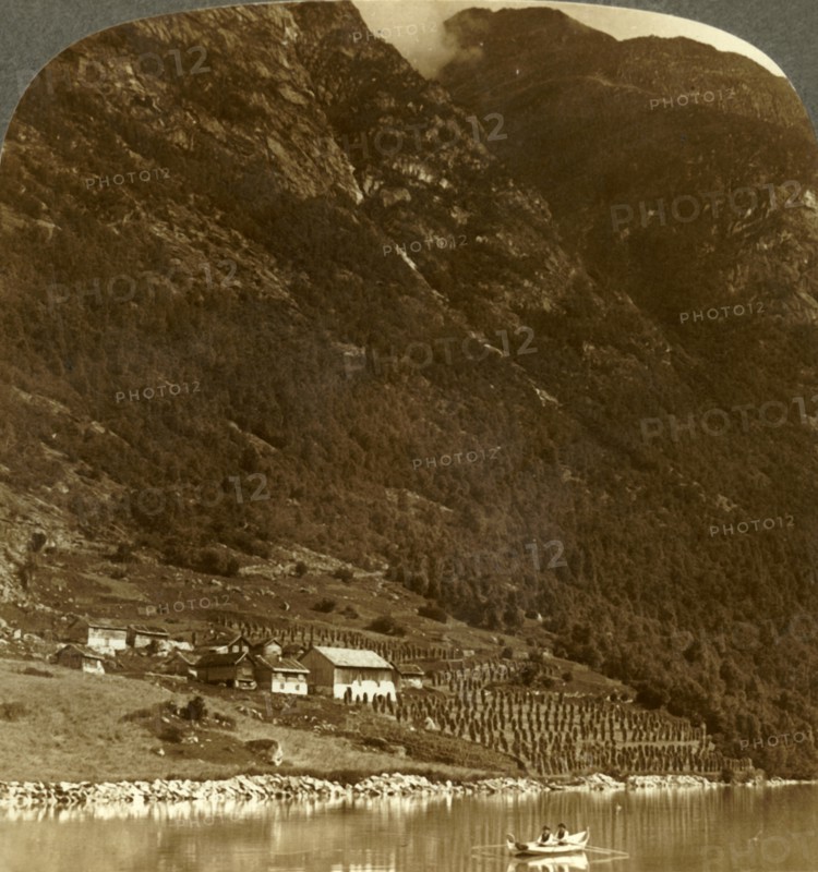 'Hogrending farm, nestling at the mountain's base, on the E. shore of Lake Loen, Norway', c1905. Creator: Unknown.