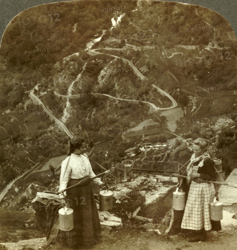 'Zigzags of the famous Grjotlid road - mountain milk-maids along the way near Marok, Norway', c1905. Creator: Unknown.