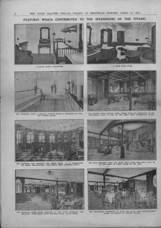 'Features which Contributed to the Splendours of the Titanic', April 20, 1912. Creator: Unknown.
