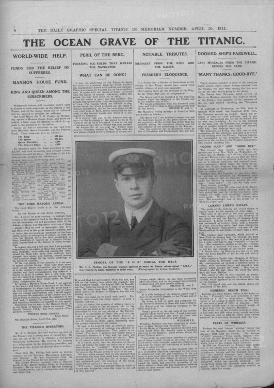 'The Ocean Grave of the Titanic', and photograph of Jack Phillips, April 20, 1912. Creator: Unknown.