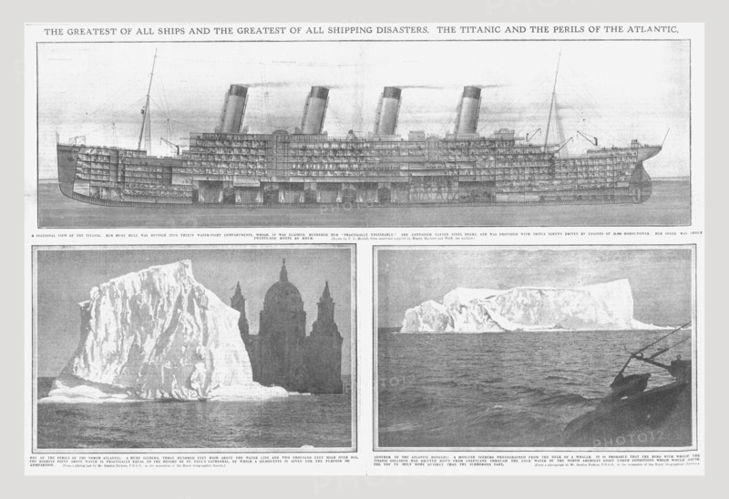 Sectional diagram of the 'Titanic', and icebergs, April 20, 1912. Creator: Unknown.