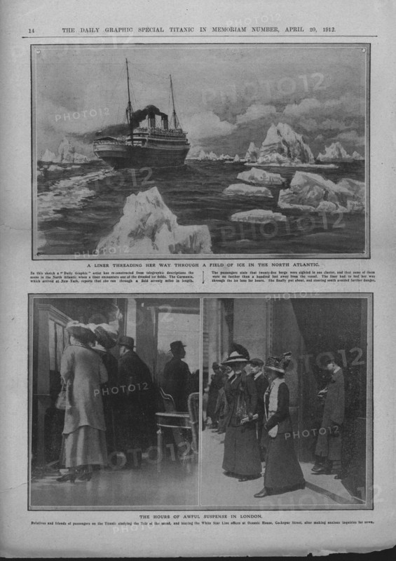 Liner in a field of ice, and people waiting for news of the 'Titanic' disaster, April 20, 1912.  Creator: Unknown.
