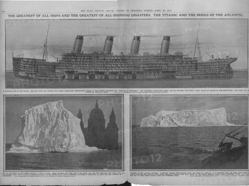 Sectional diagram of the 'Titanic', and icebergs, April 20, 1912. Creator: Unknown.