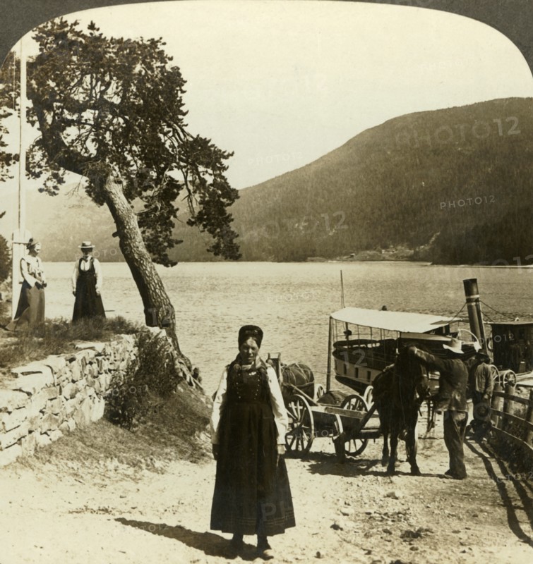 'When the lake steamer calls at Tinoset pier - view across Tinsjo to the hills, Norwway', c1905. Creator: Unknown.