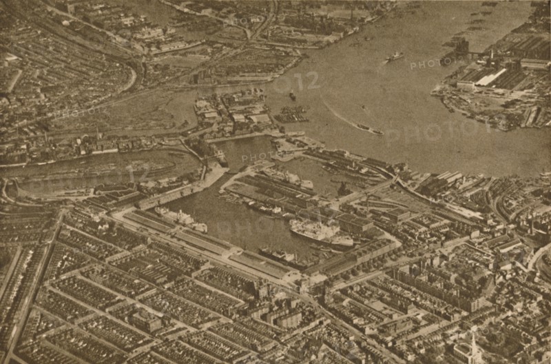 'The Three Basins of the East India Docks and the Blackwall Reach of the Thames Seen From The Air',  Creator: Aerofilms.
