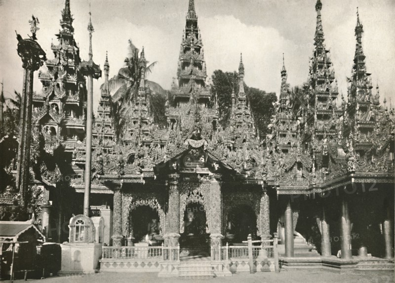 'Wood Carved Shrines with Glass Mosaic work at the Shwe Dagon Pagoda, Rangoon', 1900. Creator: Unknown.
