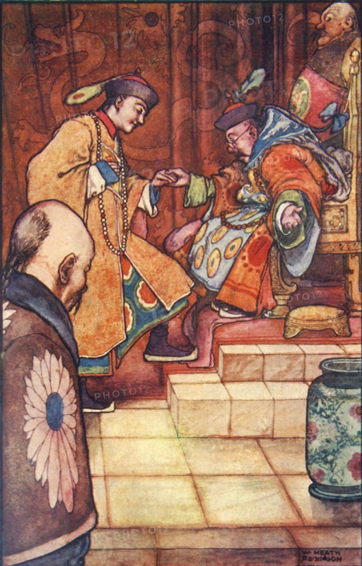 'When the young man have fallen at his feet, the Sultan held him by the hand', c1930. Creator: W Heath Robinson.