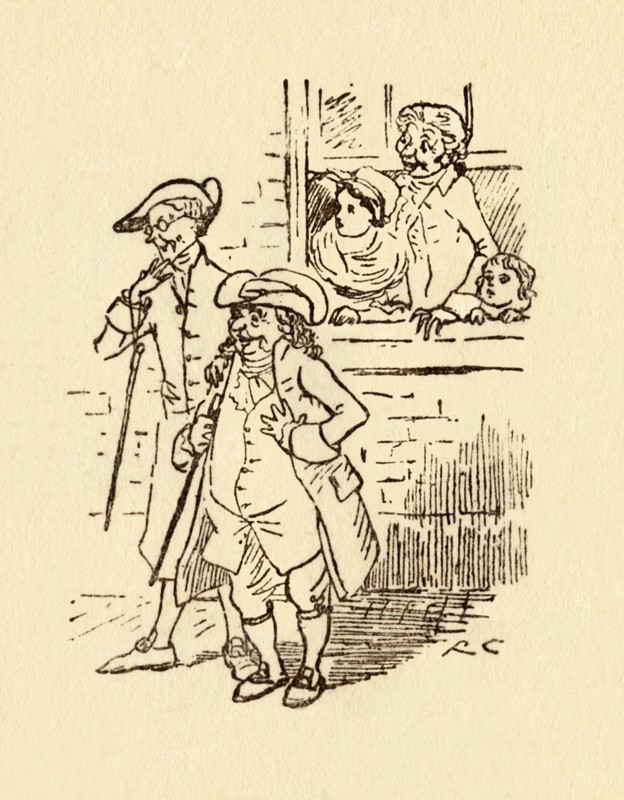Bystanders watch as John Gilpin gallops past, 1878, (c1918). Creator: Randolph Caldecott.