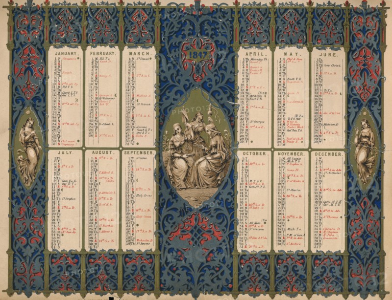 Calendar with saints' days and royal birthdays, 1847. Creator: M & N Hanhart.