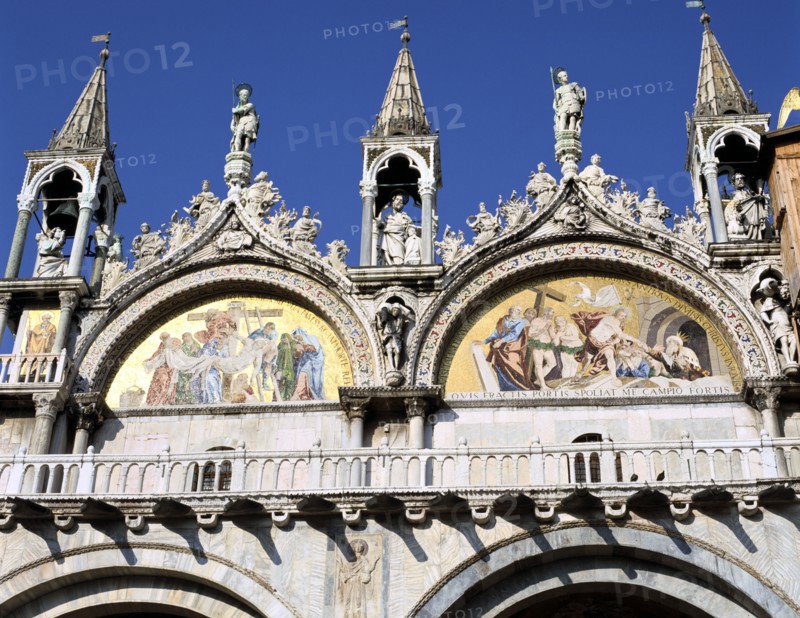 Mosaics on the facade of St Mark's Basilica, Venice, Italy.