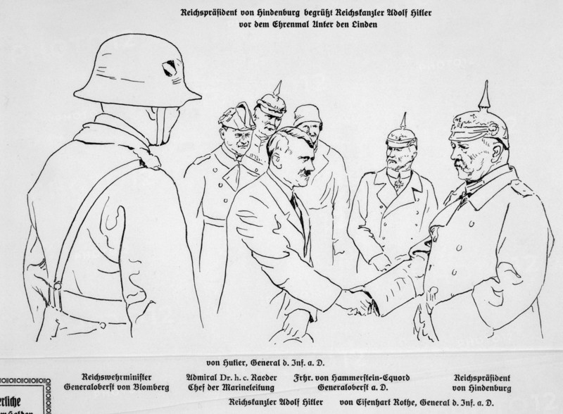 Adolf Hitler shaking hands with President von Hindenburg on the State Day of Honour, 1934. Artist: Unknown