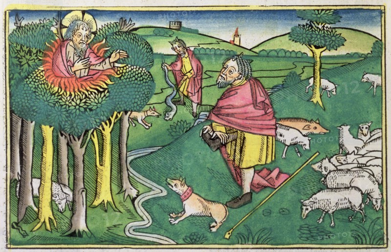 Exodus 3:1-22 and 4:1-4: the burning bush amd God arming Moses with the miraculous rod. Artist: Unknown