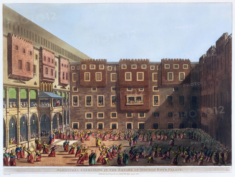 'Mamelukes Exercising in the Square of Mourad Bey's Palace', Cairo, Egypt, 1802. Artist: Thomas Milton