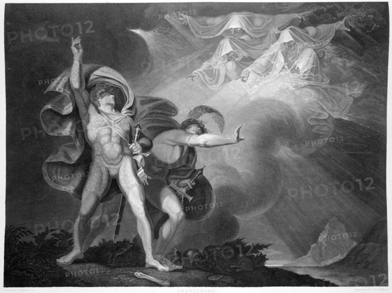 Macbeth and Banquo encounter the three witches on the heath, 1805. Artist: John Boydell