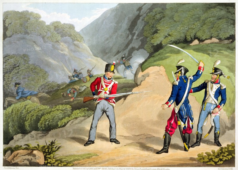'A British soldier Taking Two French Officers at the Battle of the Pyrenees', 1813 (1816). Artist: Matthew Dubourg
