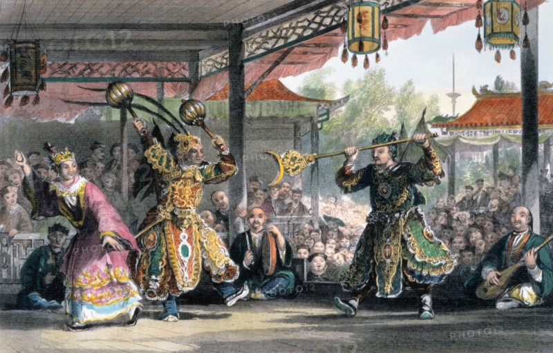 'Scene from the Spectacle of 'The Sun and Moon'', China, 1843. Artist: Thomas Allom