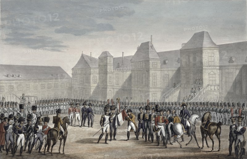 The abdication of Napoleon and his departure from Fontainebleau for Elba, 20th April 1814. Artist: Francois Pigeot