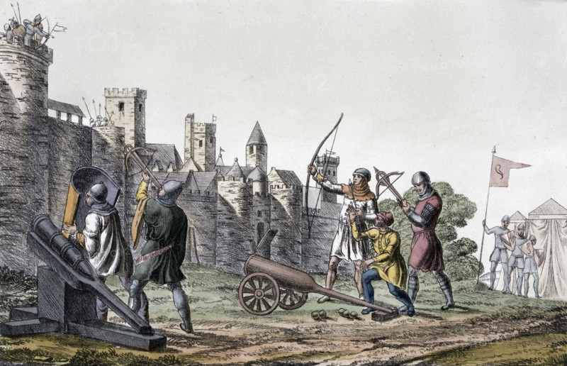 Soldiers and artillery of the 15th century besieging a walled town, 19th century. Artist: Unknown