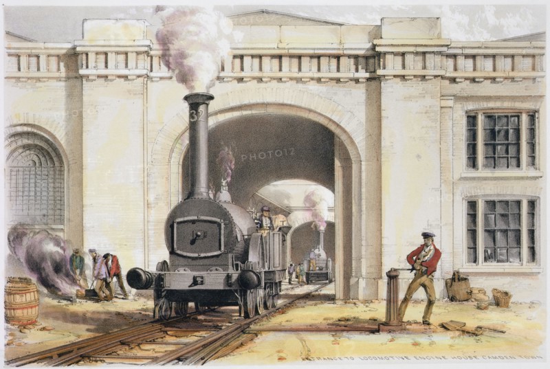 Entrance to the locomotive engine house, Camden Town, London, 1839. Artist: John Cooke Bourne