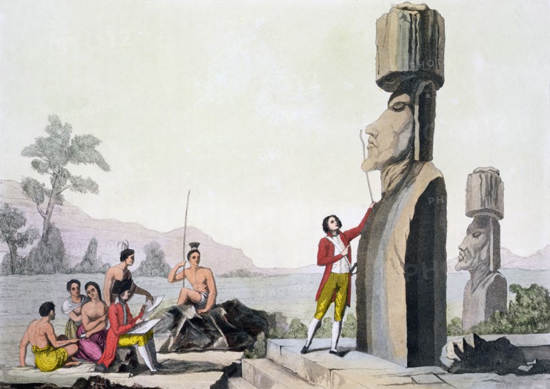 Statues on Easter Island, late 18th century. Artist: C Bottigella