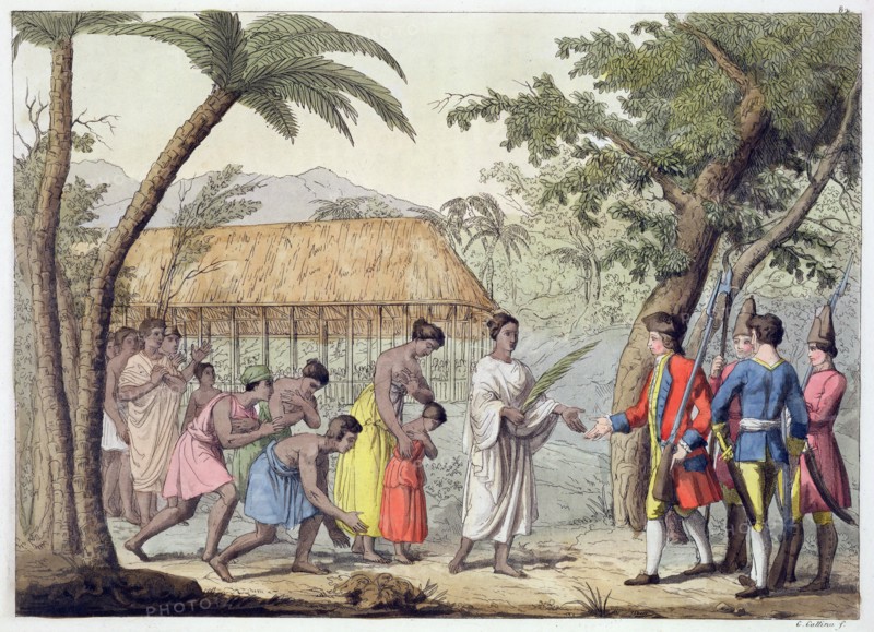 Captain Samuel Wallis being received by Queen Oberea on the Island of Tahiti, 1767 (19th century). Artist: Gallo Gallina