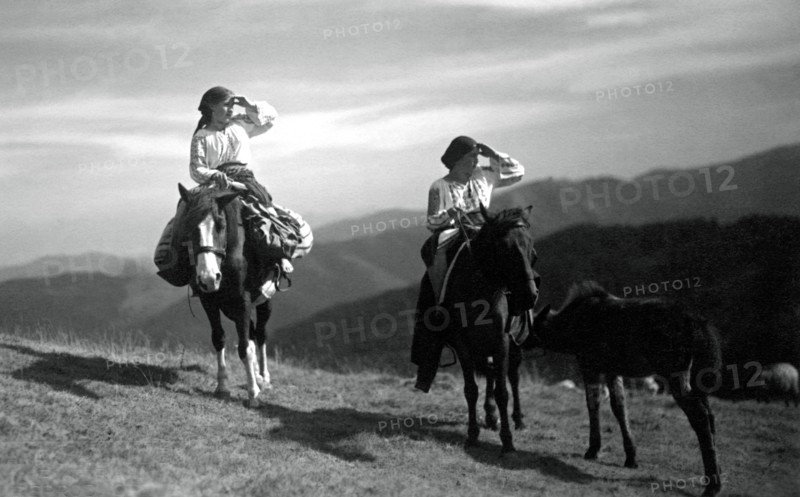 Two women on horseback, Bistrita Valley, Moldavia, north-east Romania, c1920-c1945. Artist: Adolph Chevalier