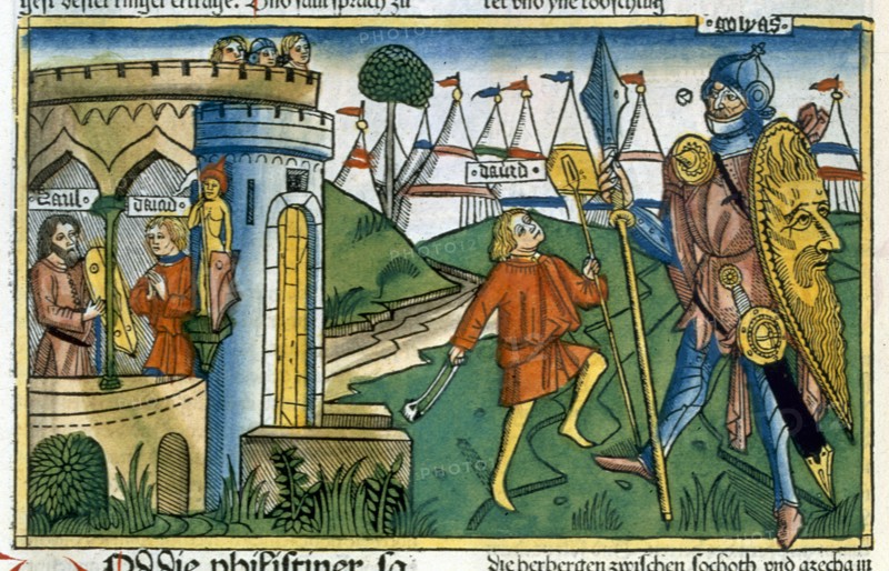 David defeats Goliath and meets Saul. Artist: Unknown