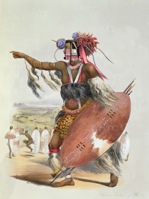 Zulu warrior, Utimuni, nephew of Chaka the late Zulu king, 1849. Artist: George French Angas
