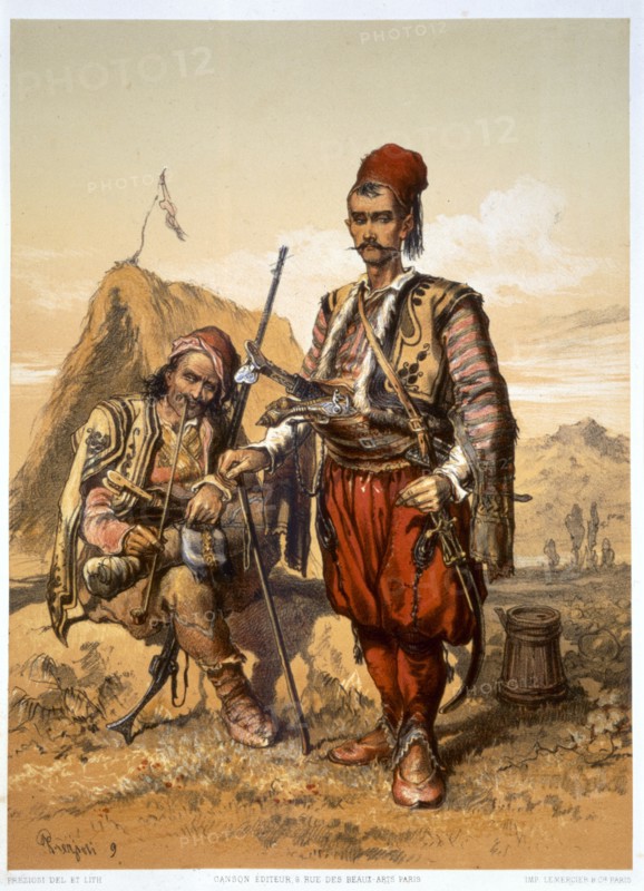 Turkish foot soldiers in the Ottoman army, 1857. Artist: Amadeo Preziosi