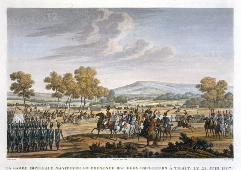 'The Imperial Guard Manoeuvring in the Presence of the Two Emperors at Tilsit, 28 June 1807'.  Artist: Edme Bovinet