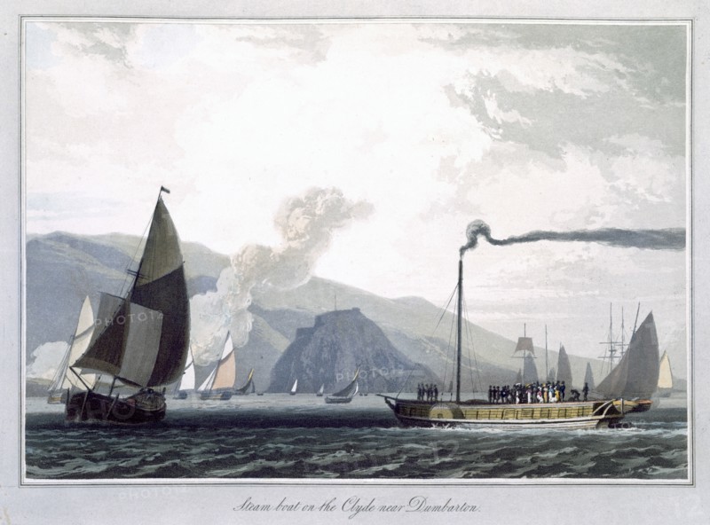 'Steam boat on the Clyde near Dumbarton', Scotland, 1829. Artist: William Daniell