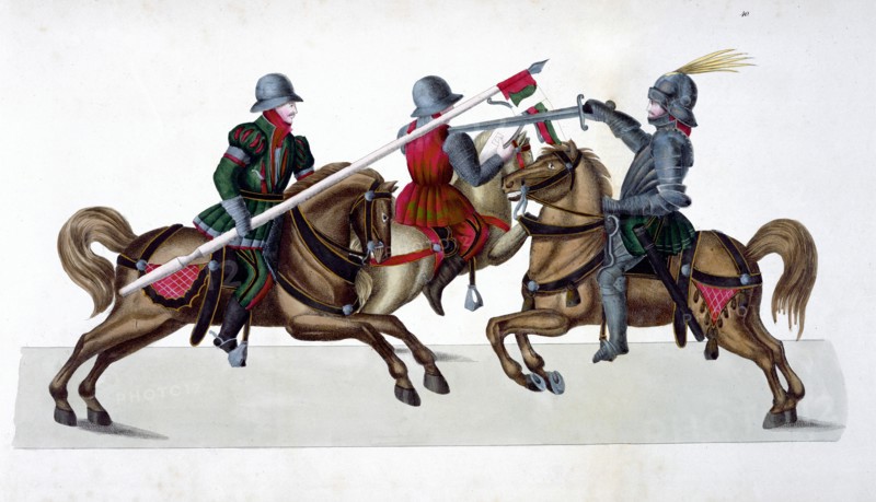 Three knights jousting at a tournament, 1842. Artist: Friedrich Martin von Reibisch