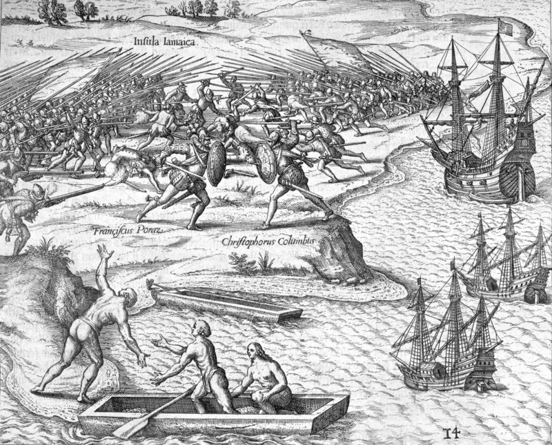 Battle in Jamaica between Christopher Columbus and Francisco Poraz, 1504 (1631). Creator: Theodor de Bry.