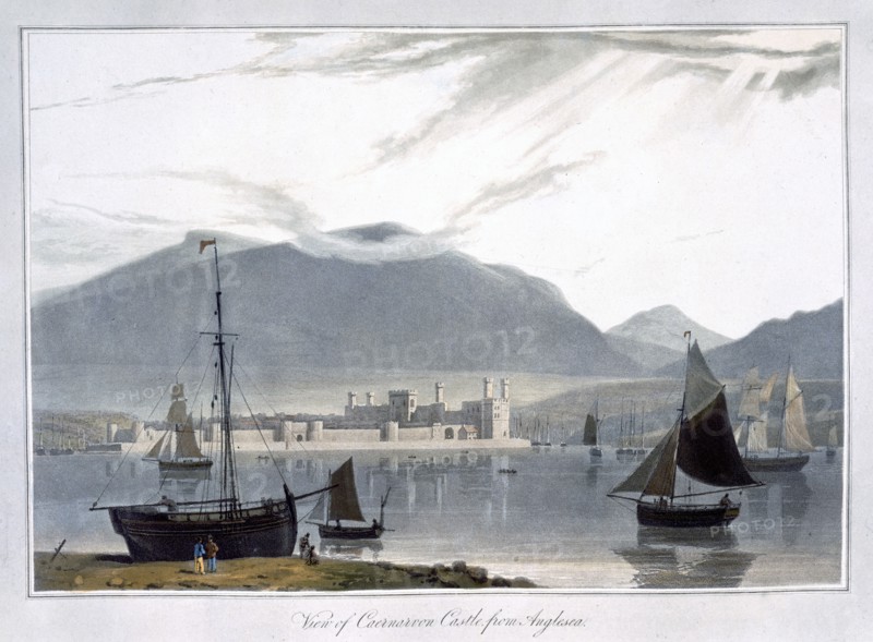 'View of Caernarvon Castle from Anglesea', Wales, 1814. Artist: William Daniell