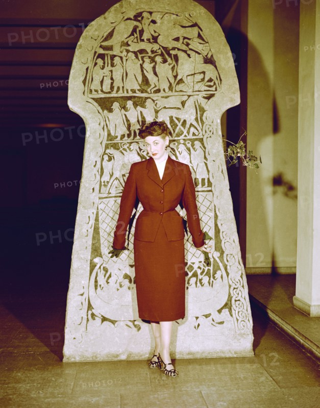 Female model shows a suit, the Historical Museum, Stockholm, 1950s. Artist: Göran Algård