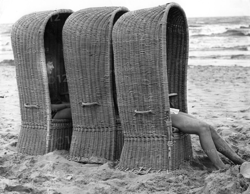 Basket shelters on a beach in Belgium, 1966.