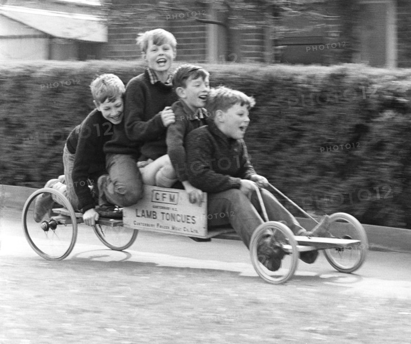Boys playing with a home-made go-kart, Horley, Surrey, 1965.