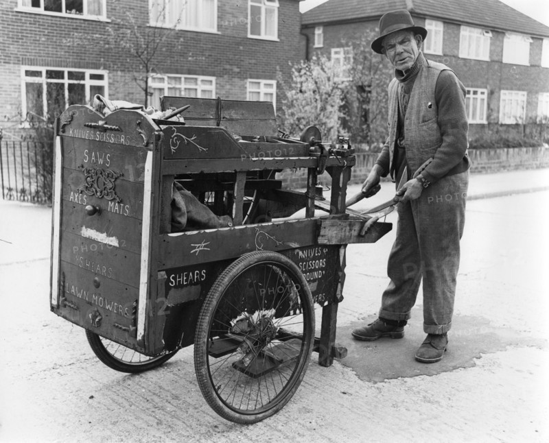 Gipsy knife-grinder with his handcart, Horley, Surrey, 1964.