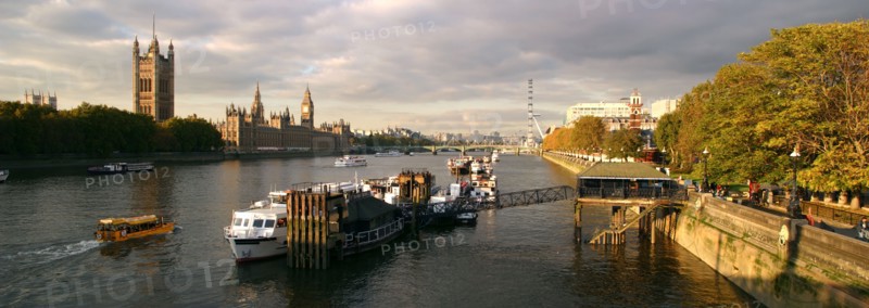 Panoramic view along the River Thames, London.