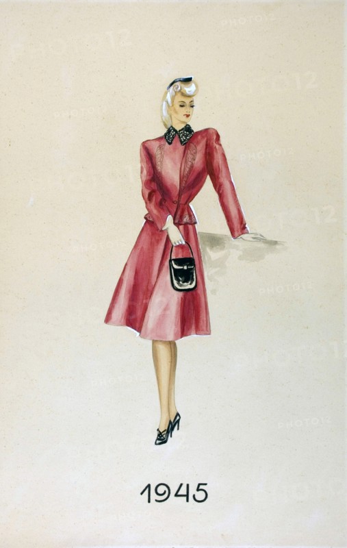 Model in a suit, holding a handbag, 1945. Artist: Unknown