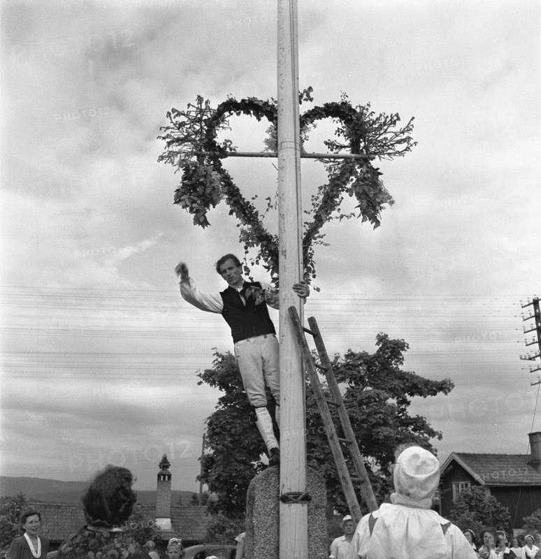 Raising the maypole for the Midsummer celebrations, Sweden, 1951. Artist: Torkel Lindeberg