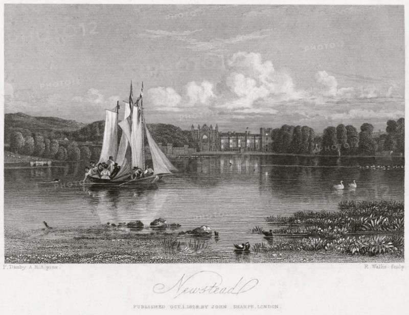 West aspect of Newstead Abbey and upper lake, Nottinghamshire, 1828. Artist: R Wallis