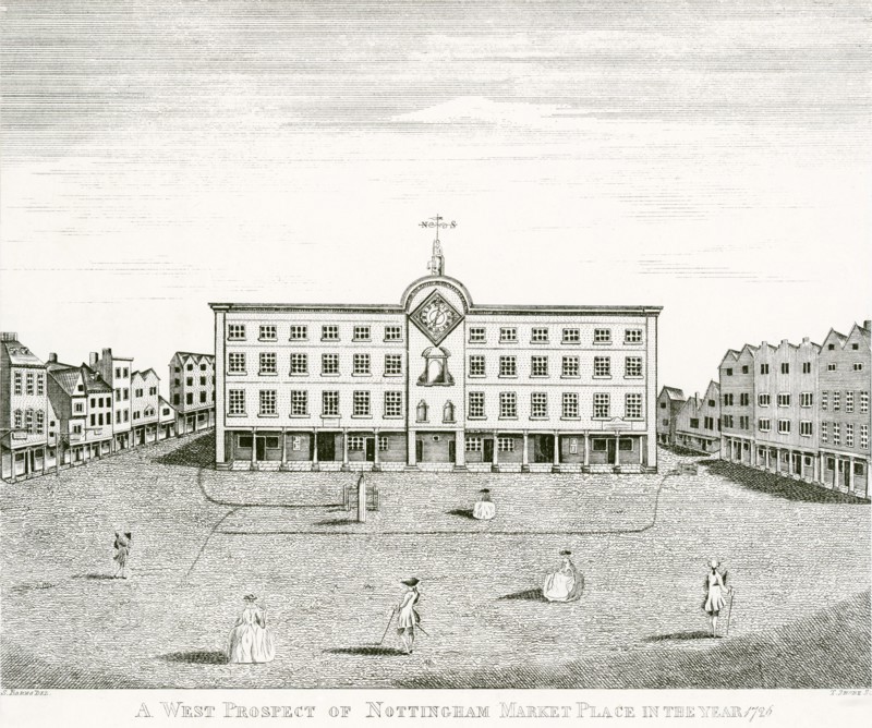 West prospect of Nottingham Market Place, Nottinghamshire, 1726. Artist: T Shore