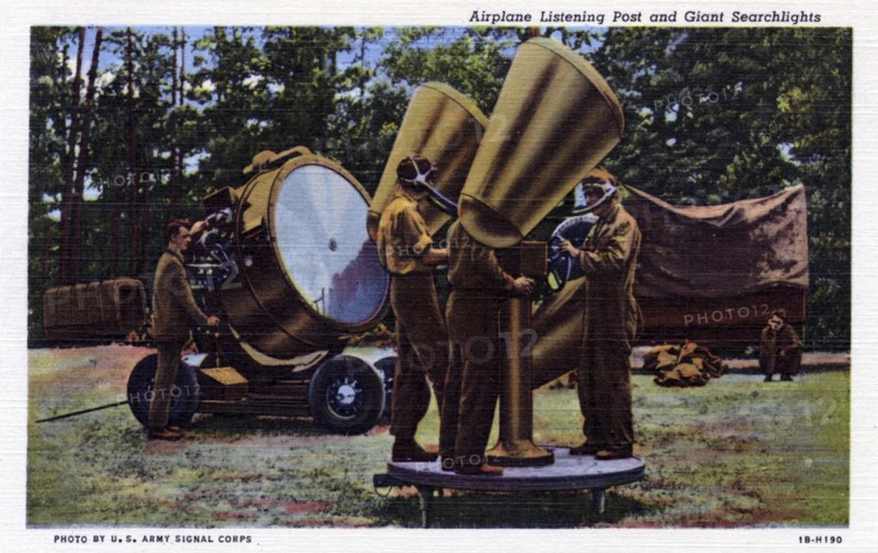 Aircraft listening post and giant searchlights, USA, 1941. Artist: US Army Signal Corps
