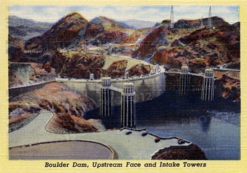 Boulder Dam, upstream face and intake towers, Arizona/Nevade, USA, 1941. Artist: Unknown