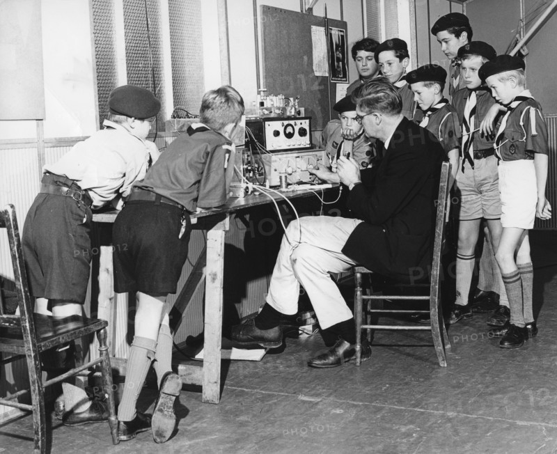 Boy scouts learning radio transmitting, 1960s.