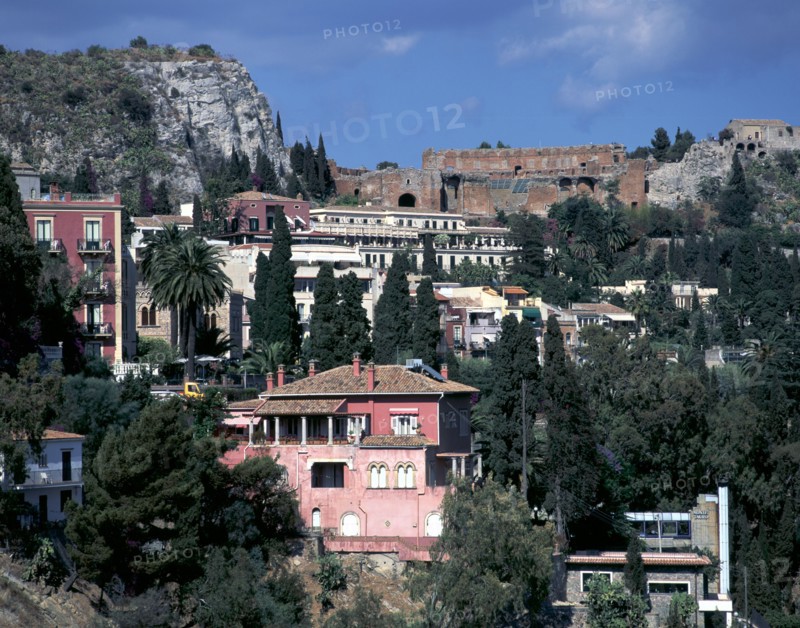 View from Via Roma to Greek theatre, Taormina, Sicily, Italy.