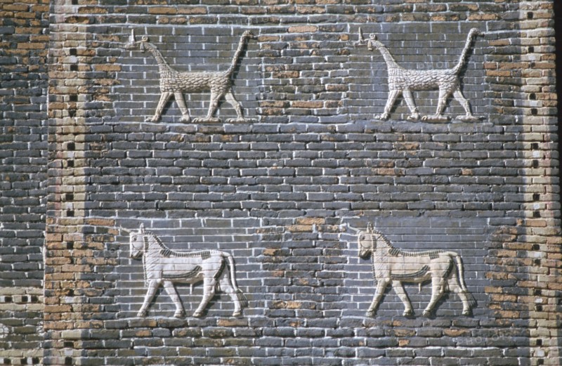 Dragons and bulls, glazed bricks, Ishtar Gate, Babylon, Iraq.