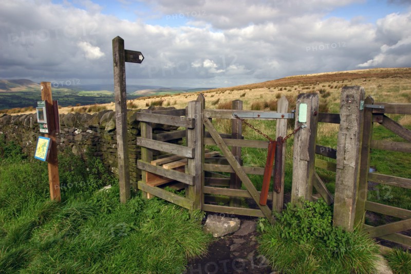 Public footpath sign and kissing gate, Longridge Fell, Lancashire.