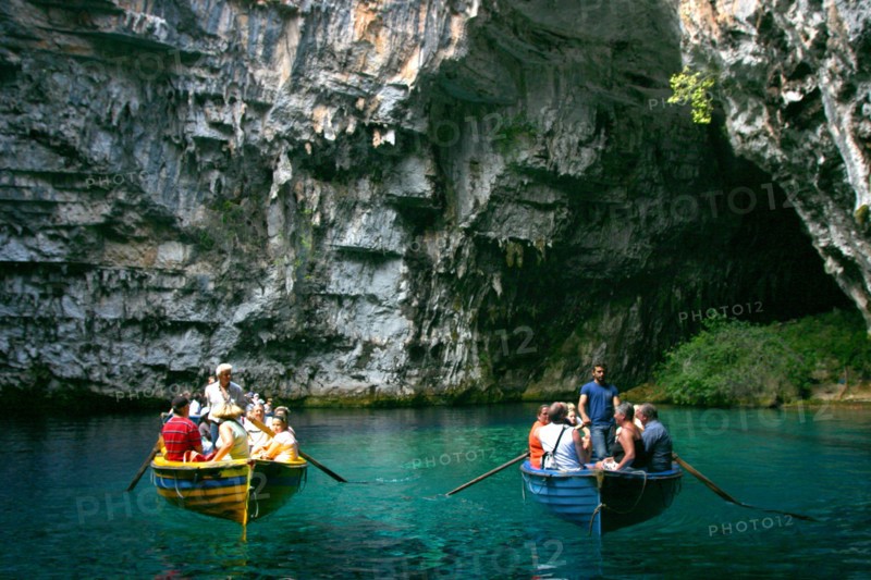 Tourist boat trip, Melissani Lake, Kefalonia, Greece.